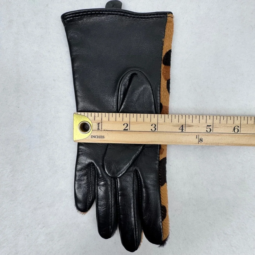 New Chicos Black Label Leopard Gloves S Black Leather Pony‎ Hair Mob Wife Chic